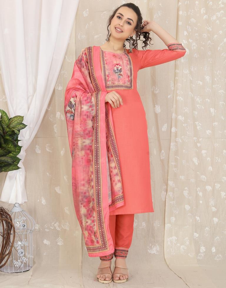 Peach Cotton Printed Straight Kurta With Pant And Dupatta | Leemboodi
