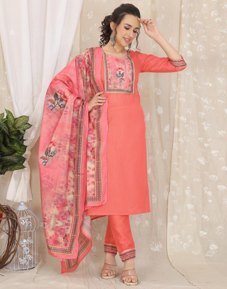Peach Cotton Printed Straight Kurta With Pant And Dupatta | Leemboodi