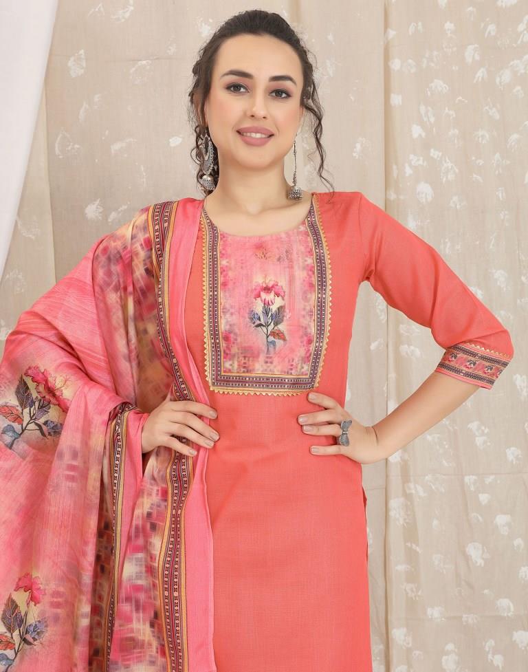 Peach Cotton Printed Straight Kurta With Pant And Dupatta | Leemboodi