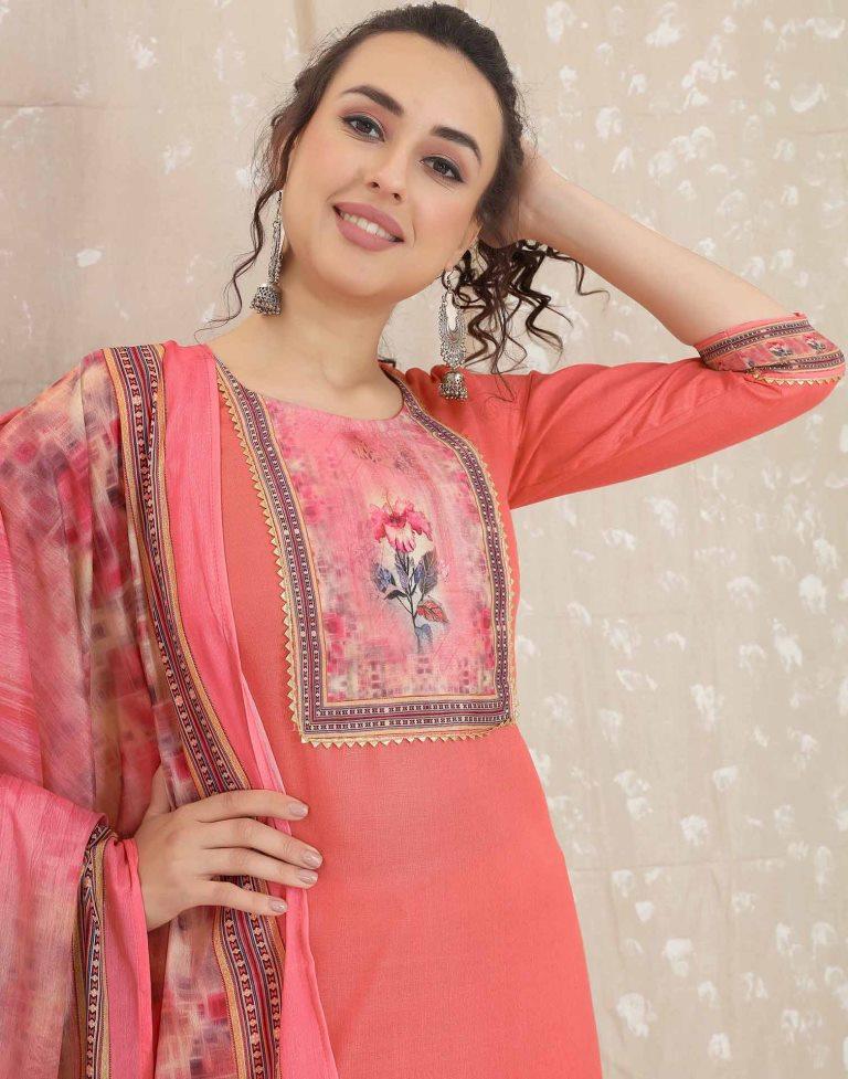 Peach Cotton Printed Straight Kurta With Pant And Dupatta | Leemboodi