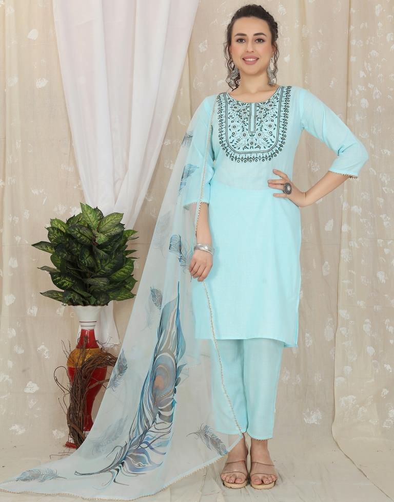 Turquoise Cotton Embroidery Straight Kurta With Pant And Dupatta | Leemboodi