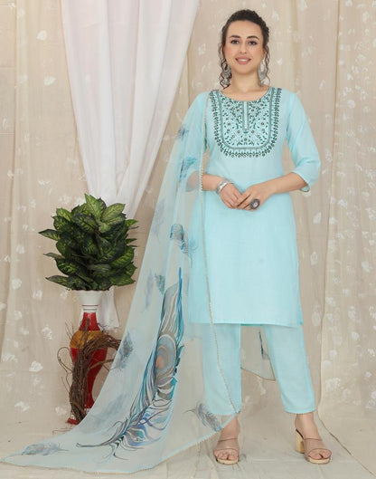 Turquoise Cotton Embroidery Straight Kurta With Pant And Dupatta | Leemboodi