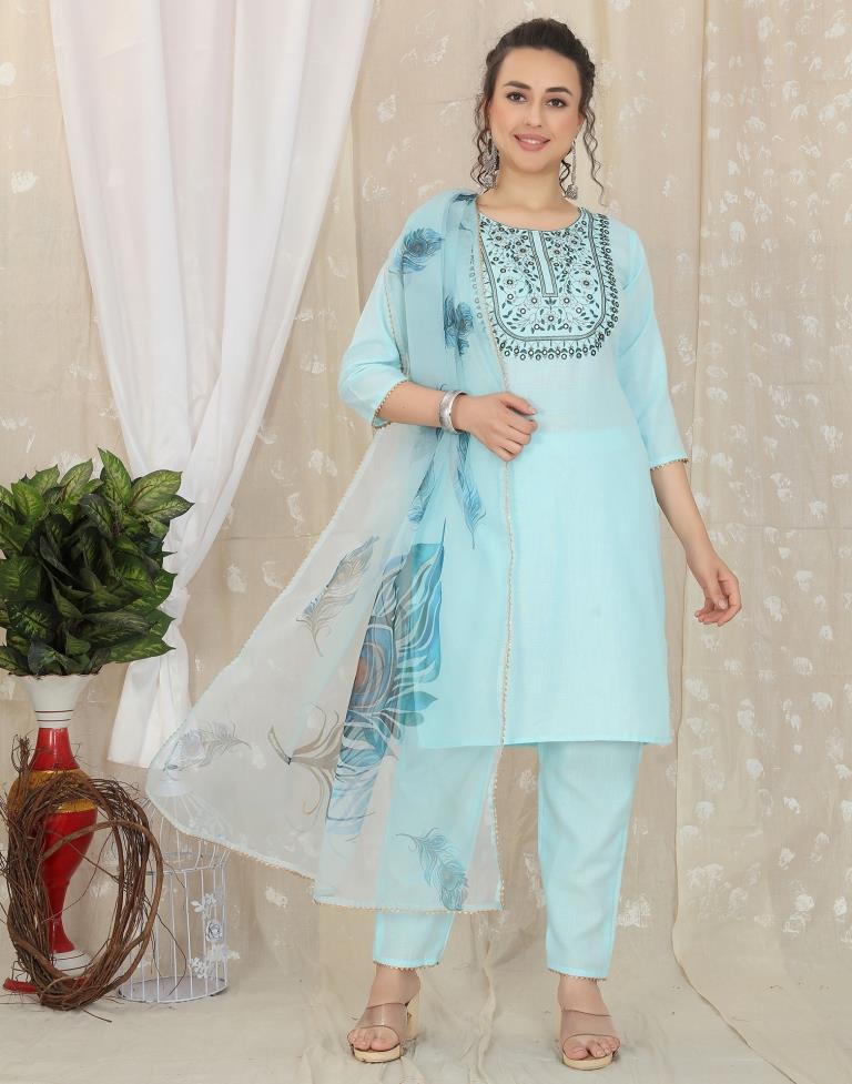 Turquoise Cotton Embroidery Straight Kurta With Pant And Dupatta | Leemboodi