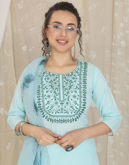 Turquoise Cotton Embroidery Straight Kurta With Pant And Dupatta | Leemboodi