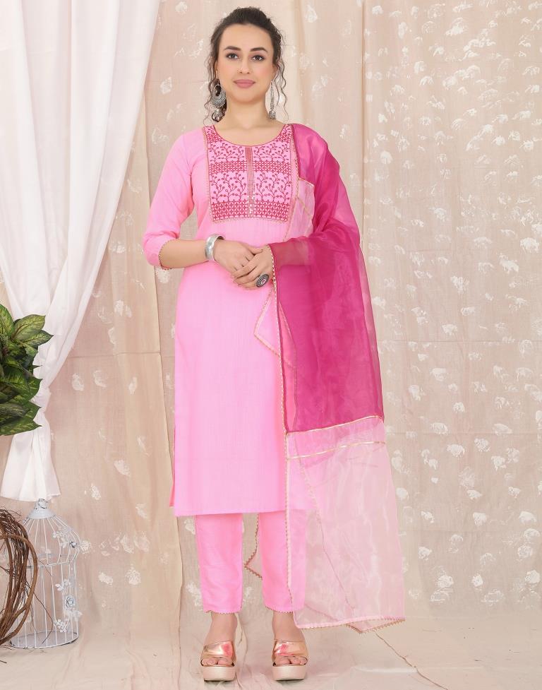 Pink Cotton Embroidery Straight Kurta With Pant And Dupatta | Leemboodi