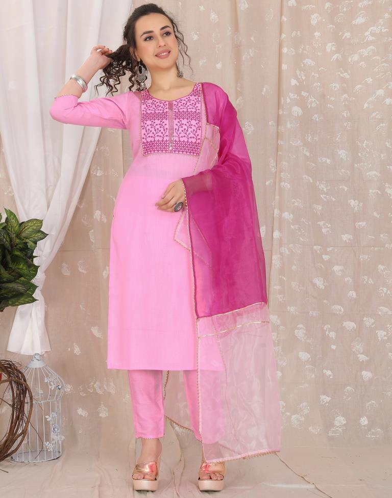 Pink Cotton Embroidery Straight Kurta With Pant And Dupatta | Leemboodi