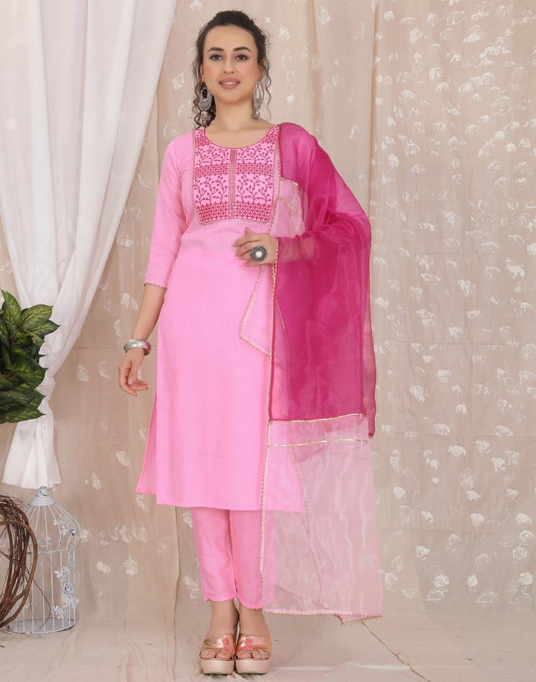 Pink Cotton Embroidery Straight Kurta With Pant And Dupatta | Leemboodi