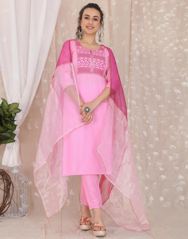 Pink Cotton Embroidery Straight Kurta With Pant And Dupatta | Leemboodi