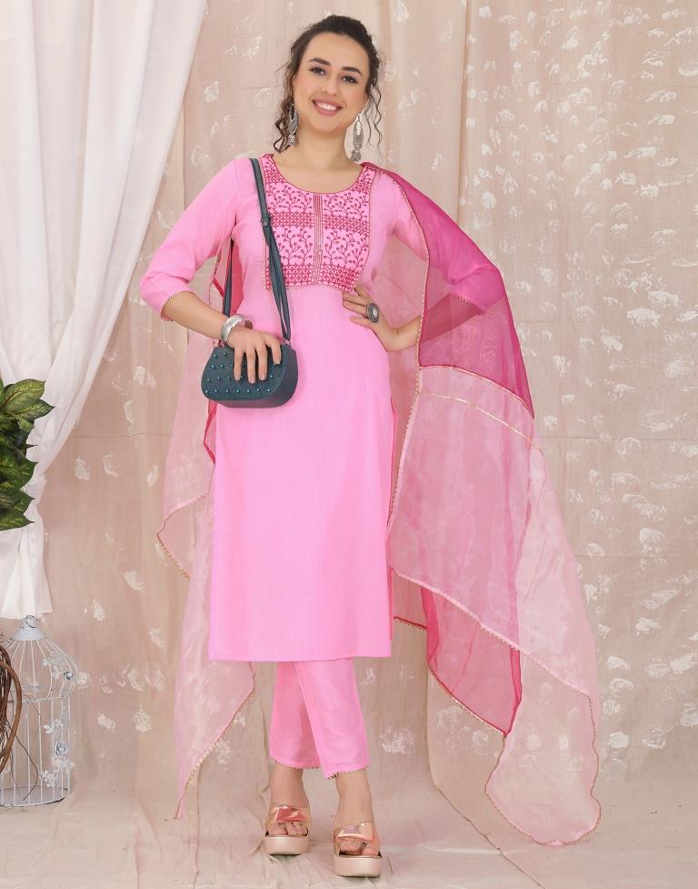 Pink Cotton Embroidery Straight Kurta With Pant And Dupatta | Leemboodi