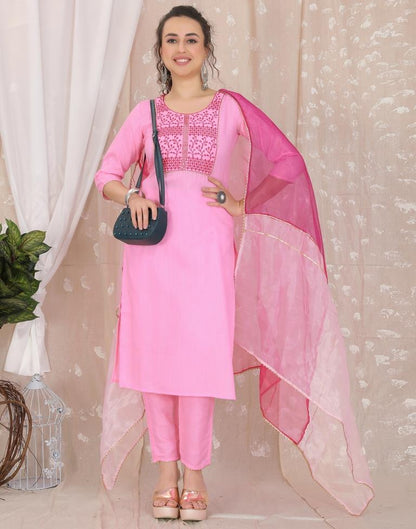 Pink Cotton Embroidery Straight Kurta With Pant And Dupatta | Leemboodi