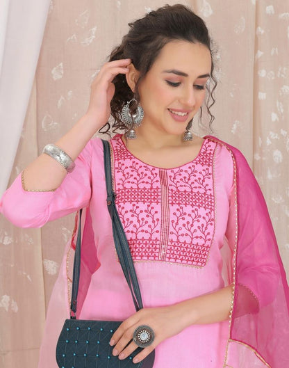 Pink Cotton Embroidery Straight Kurta With Pant And Dupatta | Leemboodi