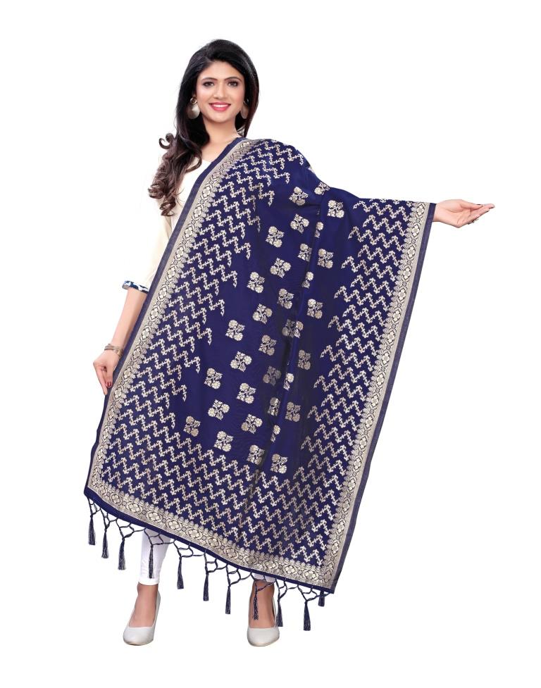 Enriching Navy Blue Coloured Poly Silk Jacquard Dupatta | Sudathi