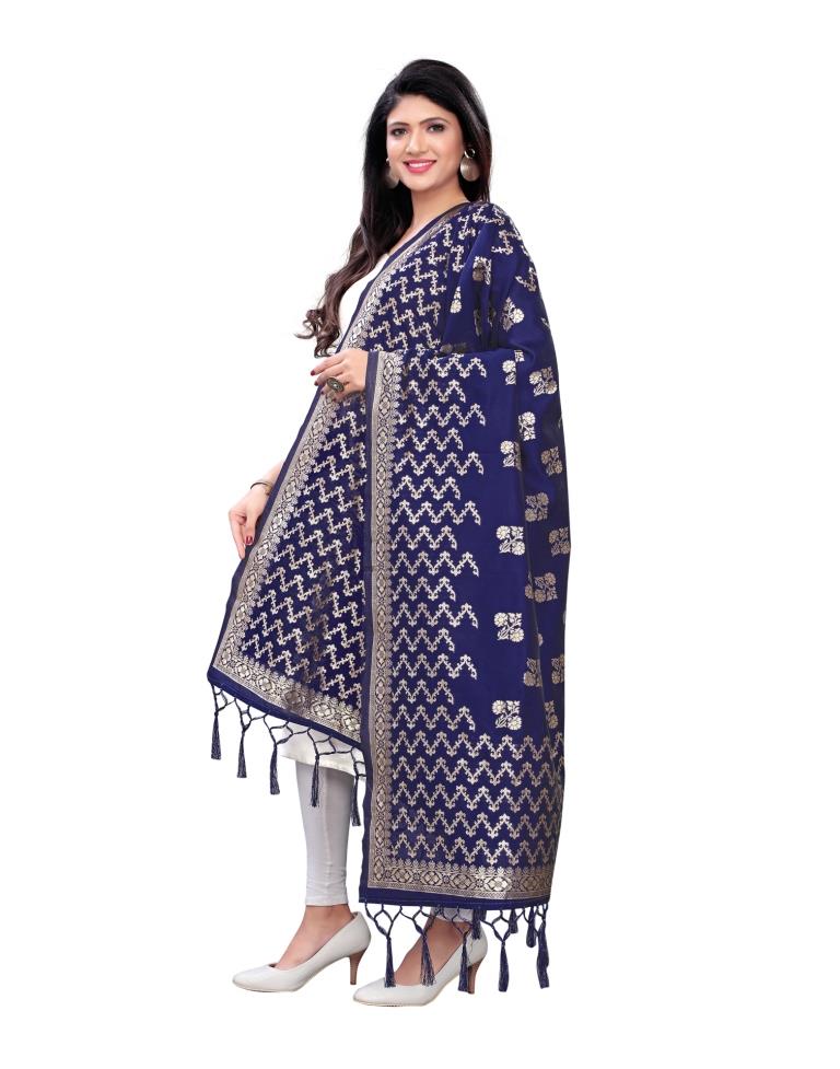 Enriching Navy Blue Coloured Poly Silk Jacquard Dupatta | Sudathi