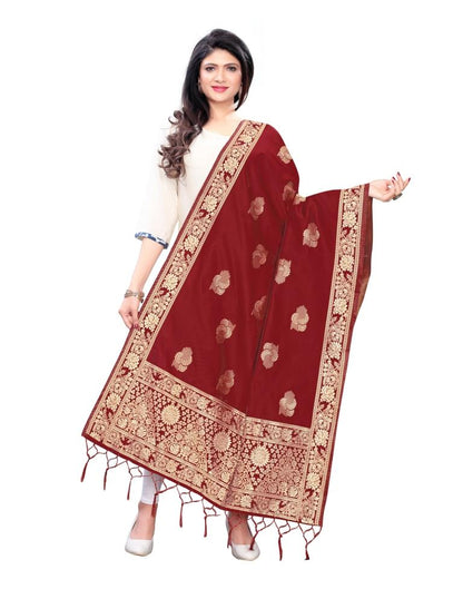 Glossy Red Coloured Poly Silk Jacquard Dupatta | Sudathi