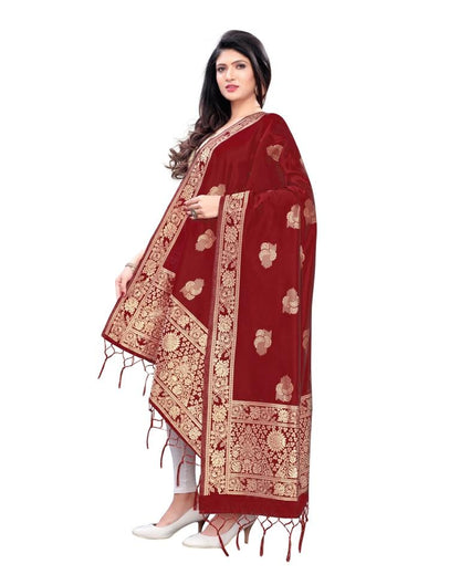 Glossy Red Coloured Poly Silk Jacquard Dupatta | Sudathi