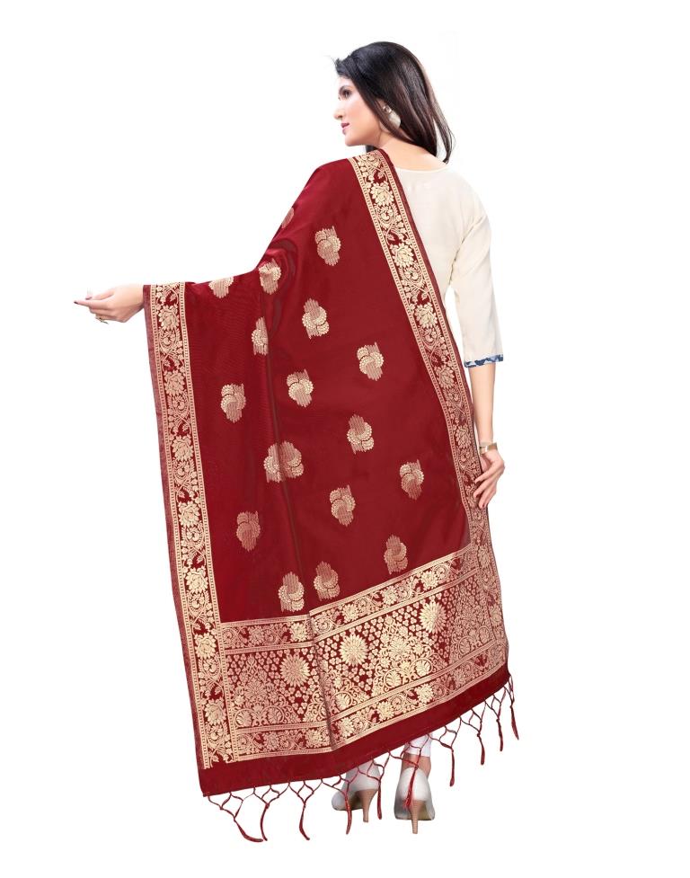 Glossy Red Coloured Poly Silk Jacquard Dupatta | Sudathi