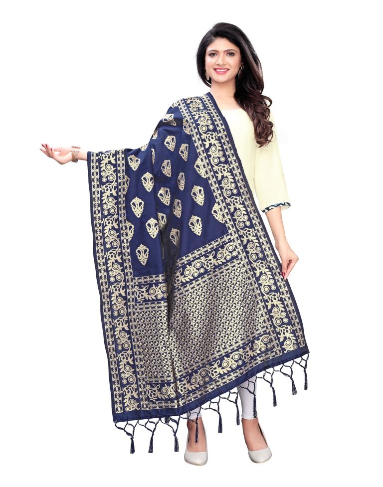 Glamorous Navy Blue Coloured Poly Silk Jacquard Dupatta | Sudathi