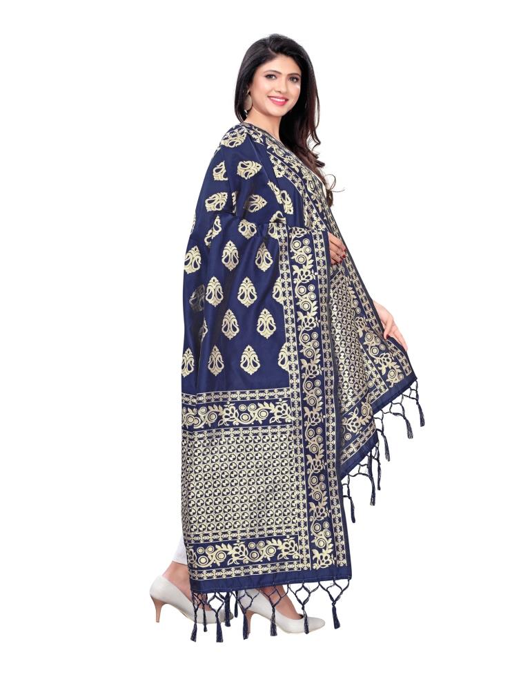 Glamorous Navy Blue Coloured Poly Silk Jacquard Dupatta | Sudathi