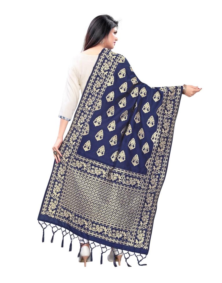 Glamorous Navy Blue Coloured Poly Silk Jacquard Dupatta | Sudathi