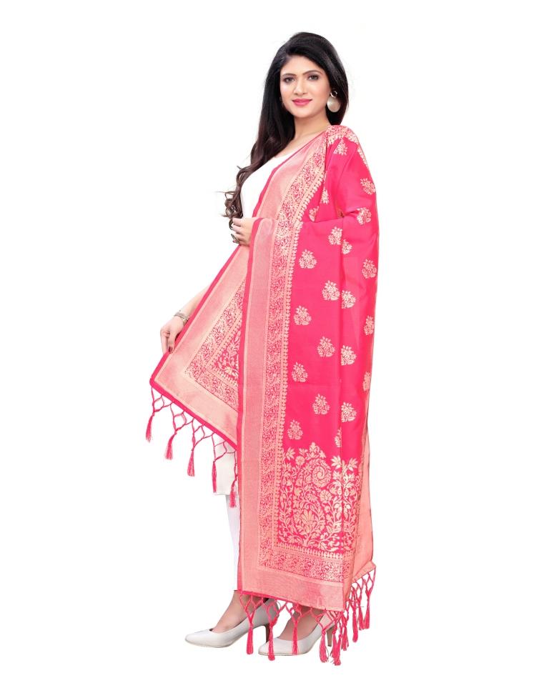 Dashing Pink Coloured Poly Silk Jacquard Dupatta | Sudathi