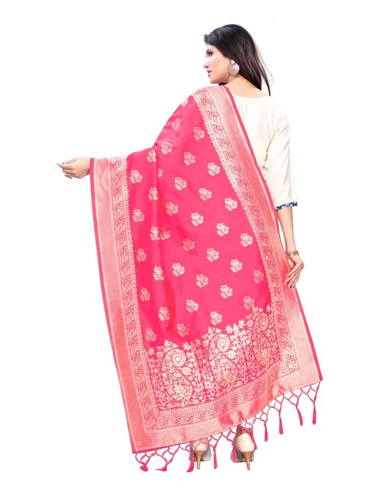 Dashing Pink Coloured Poly Silk Jacquard Dupatta | Sudathi