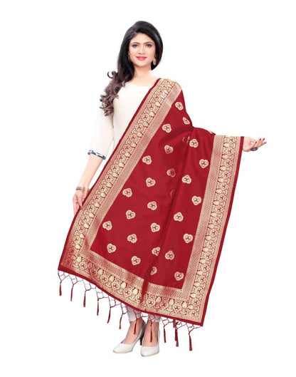Trendy Red Coloured Poly Silk Jacquard Dupatta | Sudathi