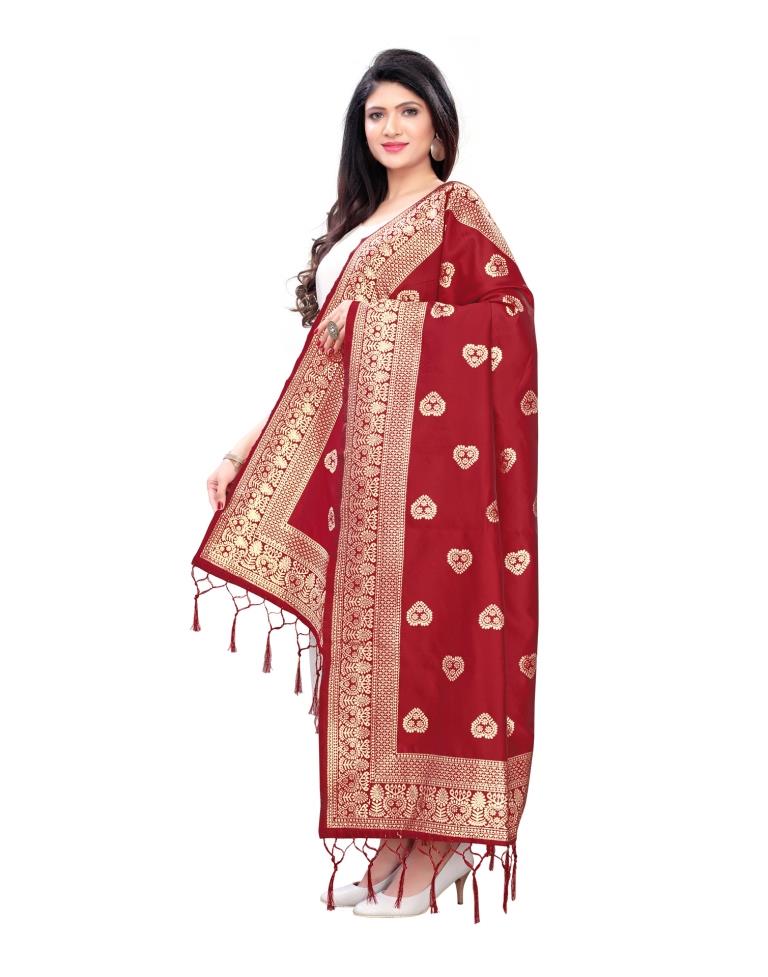 Trendy Red Coloured Poly Silk Jacquard Dupatta | Sudathi