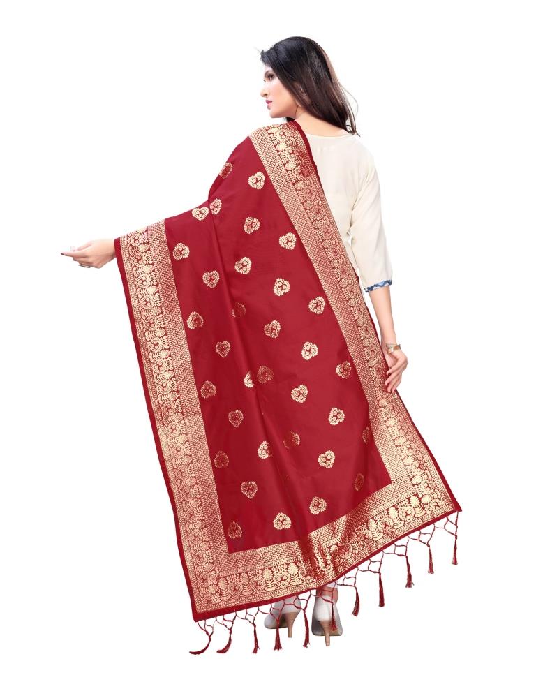 Trendy Red Coloured Poly Silk Jacquard Dupatta | Sudathi
