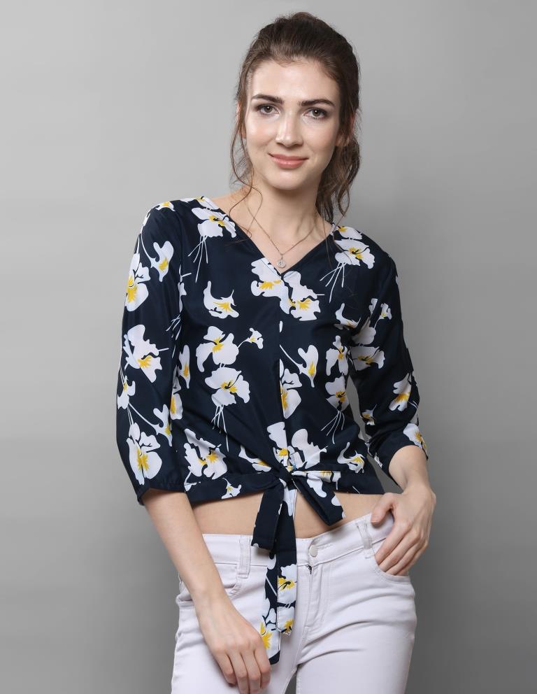 Blissful Navy Blue Coloured Printed Crepe Tops | Sudathi