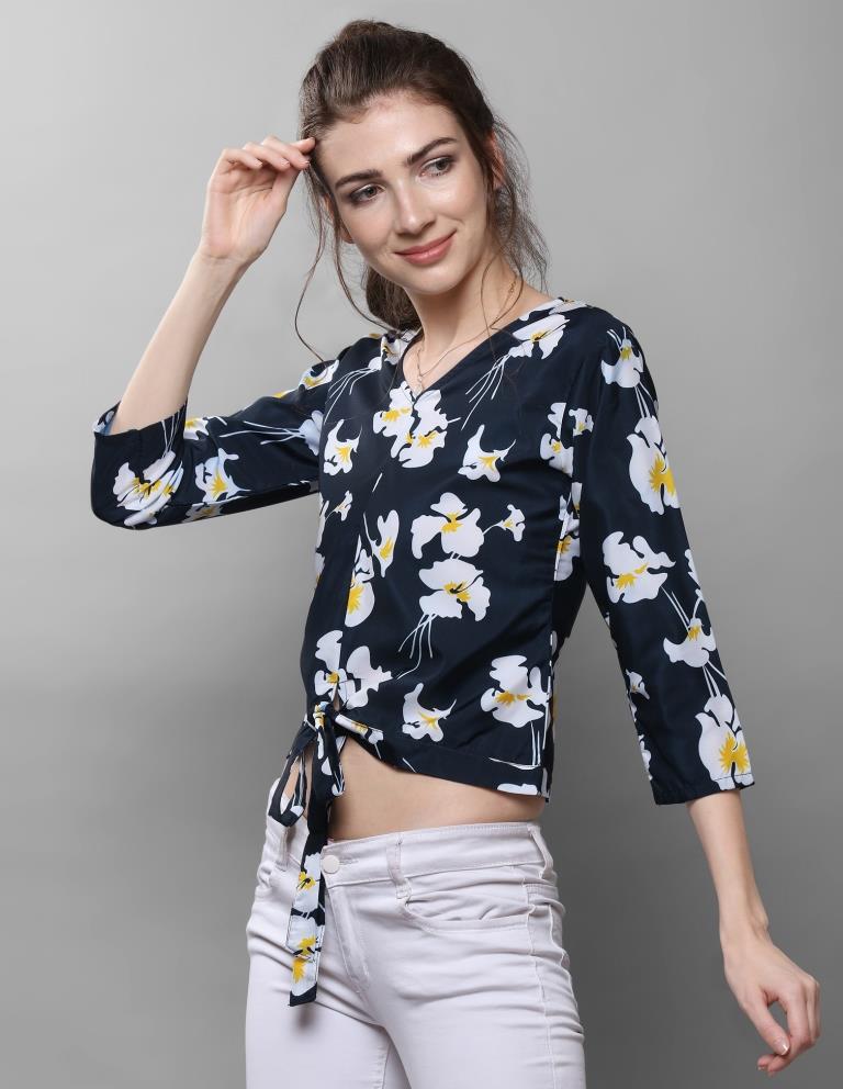 Blissful Navy Blue Coloured Printed Crepe Tops | Sudathi