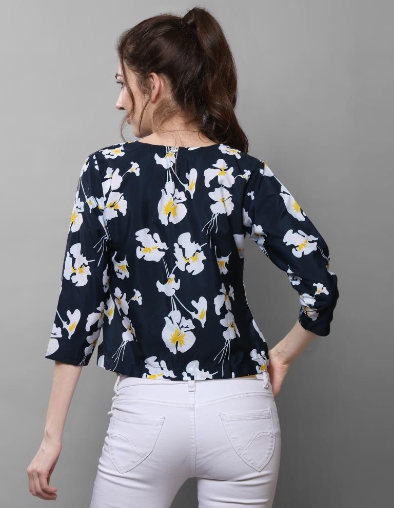 Blissful Navy Blue Coloured Printed Crepe Tops | Sudathi