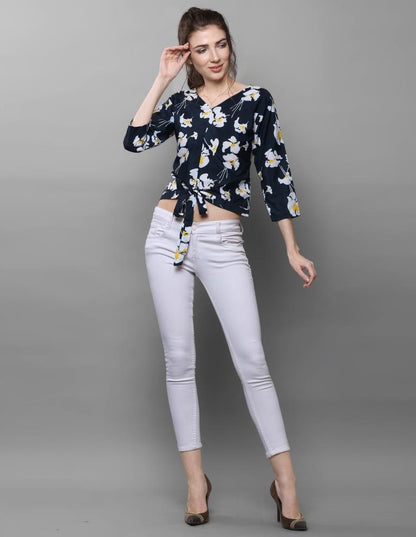 Blissful Navy Blue Coloured Printed Crepe Tops | Sudathi