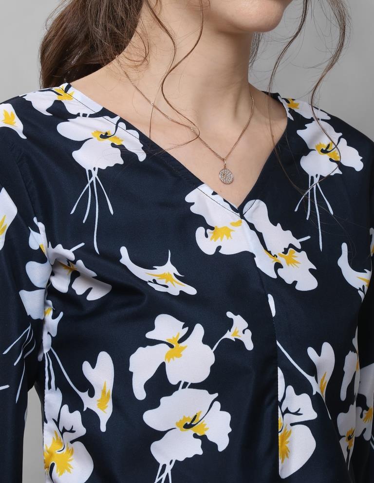 Blissful Navy Blue Coloured Printed Crepe Tops | Sudathi