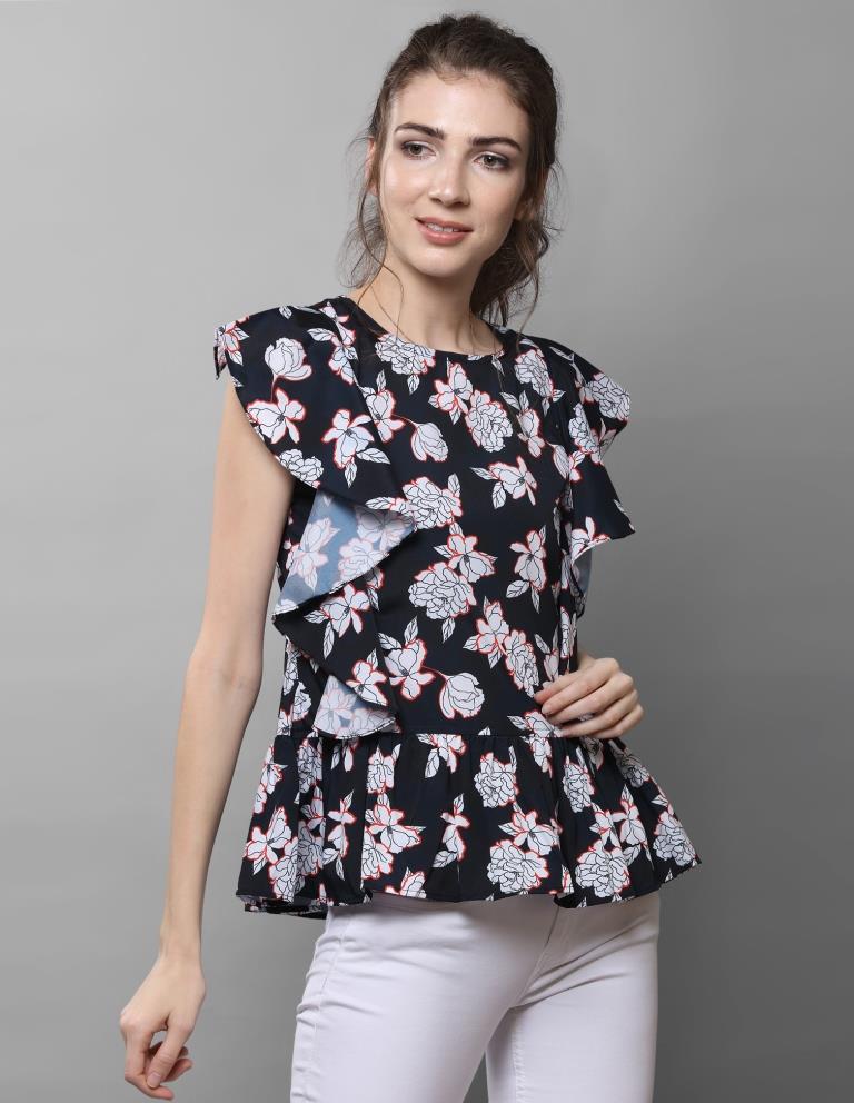Sparkling Black Coloured Printed Crepe Tops | Sudathi
