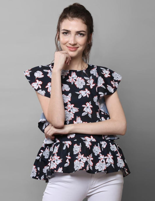 Sparkling Black Coloured Printed Crepe Tops | Sudathi