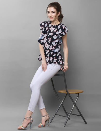 Sparkling Black Coloured Printed Crepe Tops | Sudathi