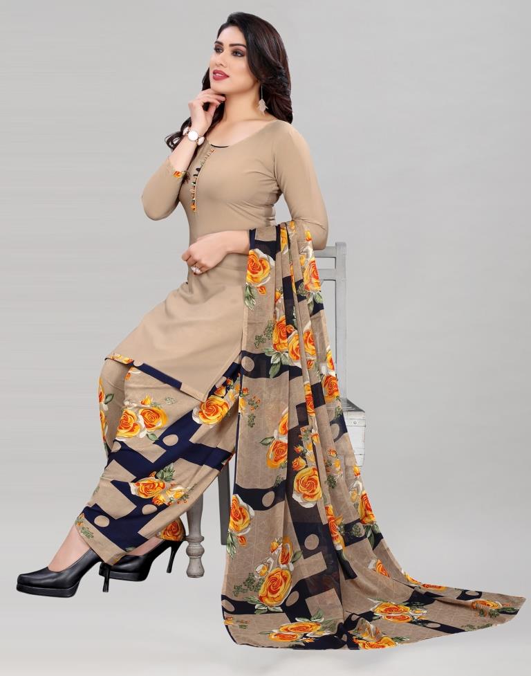 Brown Printed Unstitched Salwar Suit | Sudathi