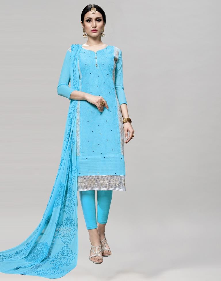 Blue Cotton Satin Embroidered Unstitched Salwar Suit | Sudathi