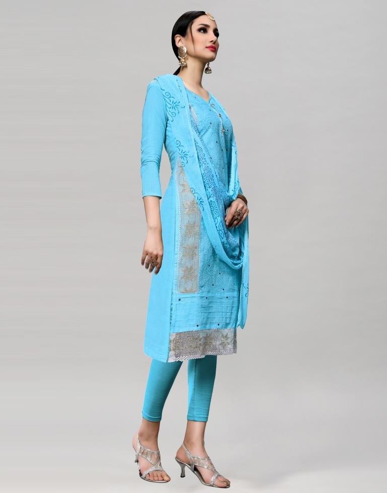 Blue Cotton Satin Embroidered Unstitched Salwar Suit | Sudathi