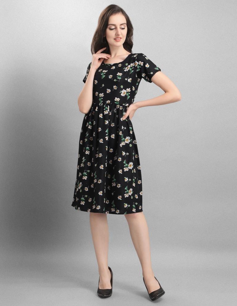 Vibrant Black Coloured Printed Crepe Dress | Sudathi