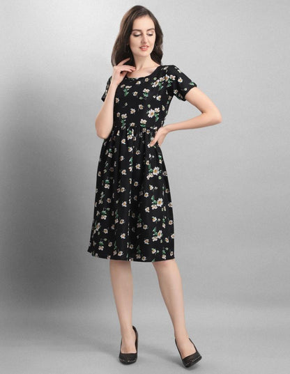 Vibrant Black Coloured Printed Crepe Dress | Sudathi