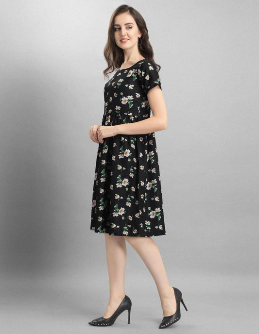 Vibrant Black Coloured Printed Crepe Dress | Sudathi