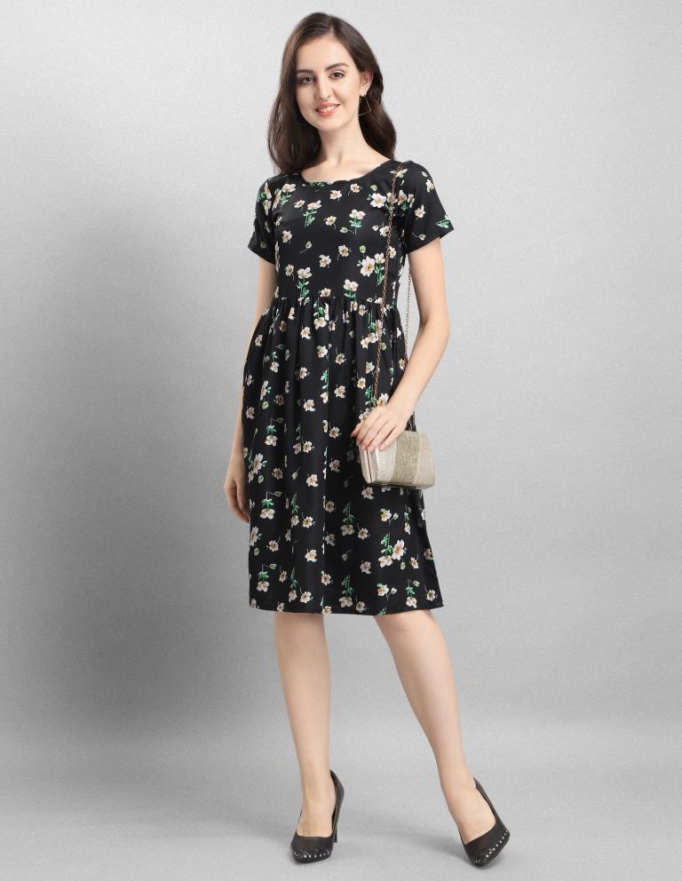 Vibrant Black Coloured Printed Crepe Dress | Sudathi
