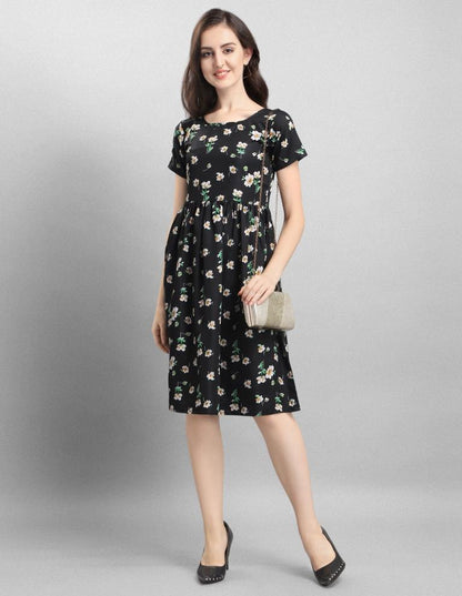Vibrant Black Coloured Printed Crepe Dress | Sudathi