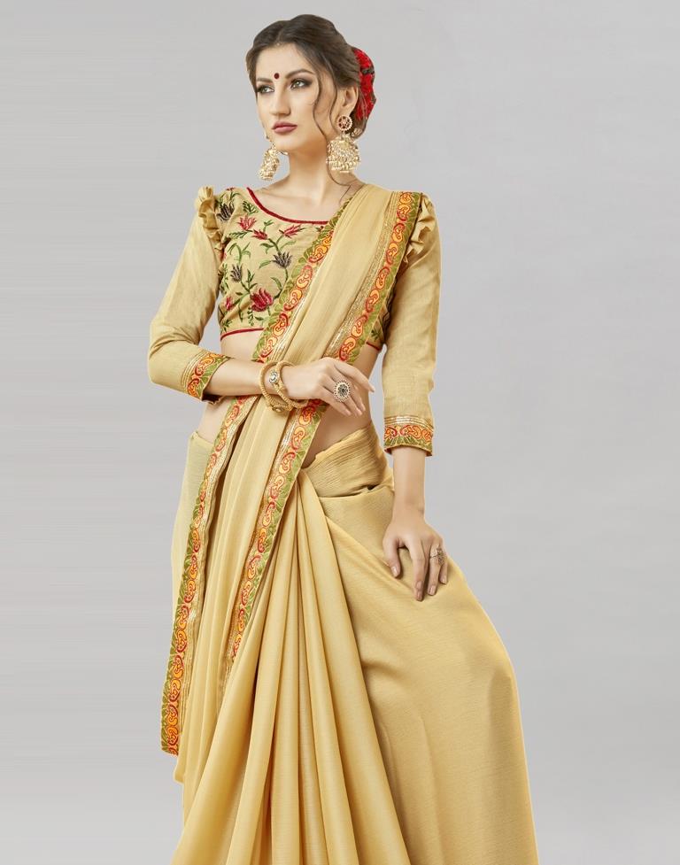 Beige Coloured Georgette Plain Border Partywear Saree | Sudathi