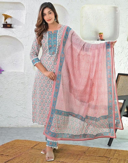 Pink Digital Printed Cotton Kurta With Pant And Dupatta