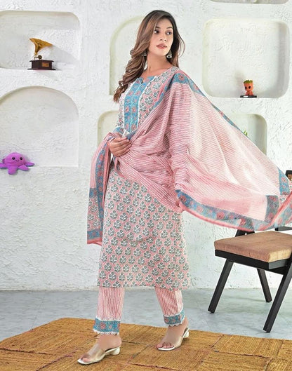 Pink Digital Printed Cotton Kurta With Pant And Dupatta