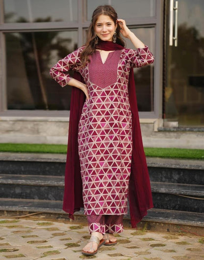 Maroon Printed Rayon Straight Kurta With Pant And Dupatta