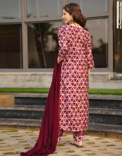 Maroon Printed Rayon Straight Kurta With Pant And Dupatta
