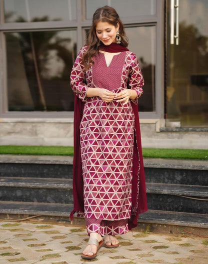 Maroon Printed Rayon Straight Kurta With Pant And Dupatta